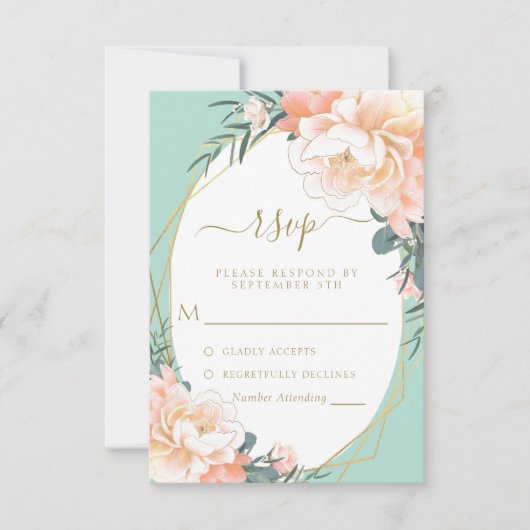 Minze grüne Blush Peach Cream Gold Floral Hochzeit RSVP Karte (Vorderseite)