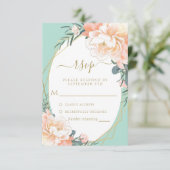 Minze grüne Blush Peach Cream Gold Floral Hochzeit RSVP Karte (Stehend Vorderseite)