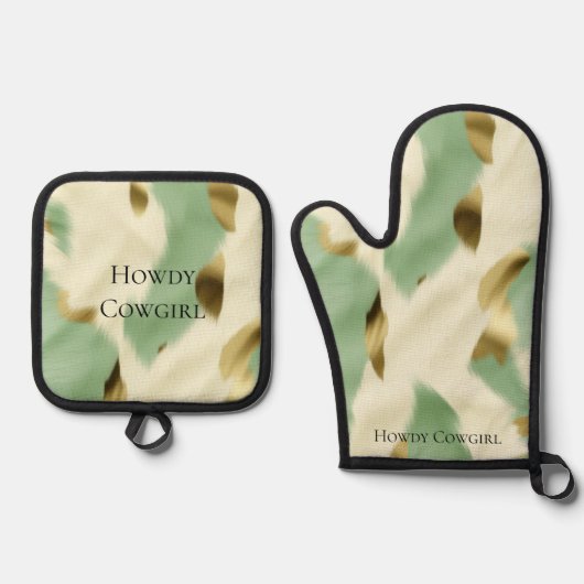 Minze grüne Creme Gold Cowhid Ofenhandschuh & Topflappen-Set (Vorderseite)