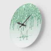 Minze grüne Glitzer Sparkle Glam Drilling Monogram Große Wanduhr (Winkel)