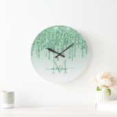 Minze grüne Glitzer Sparkle Glam Drilling Monogram Große Wanduhr (Zuhause)