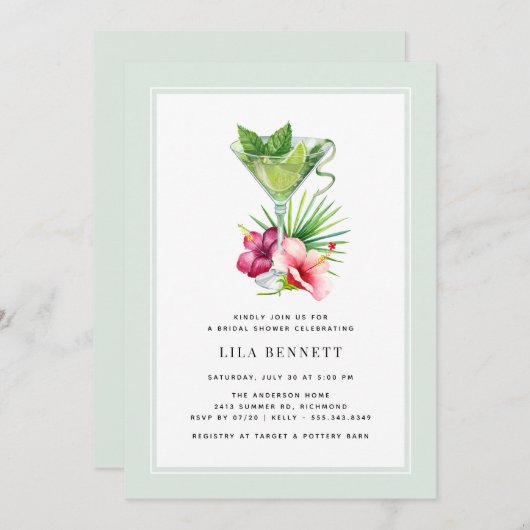 Minze grüne Meeresfauna | Blumencocktail-Brautpart Einladung (Vorne/Hinten)