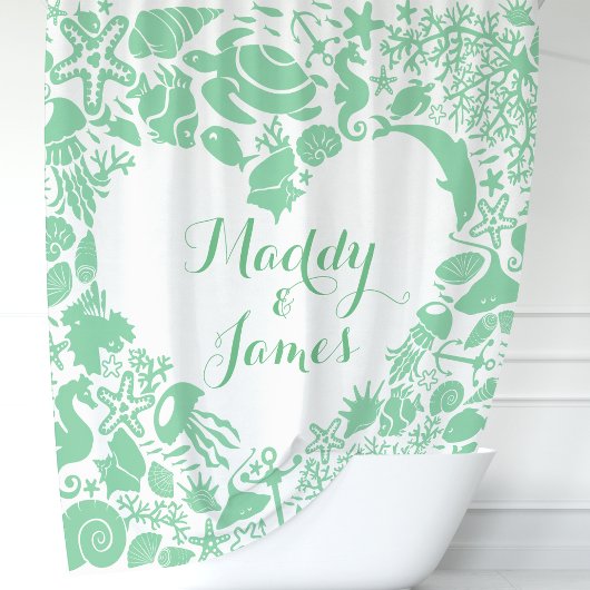 Minze Grüne Meereslebewesen Paare Herz-Monogramm Duschvorhang