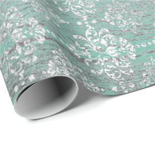 Minze grüne Metallic Damask Silver Gray Wood Rusti Geschenkpapier