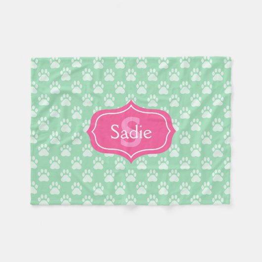 Minze grüne Paw-Drucke und rosa Monogramm und Name Fleecedecke (Vorderseite (Horizontal))