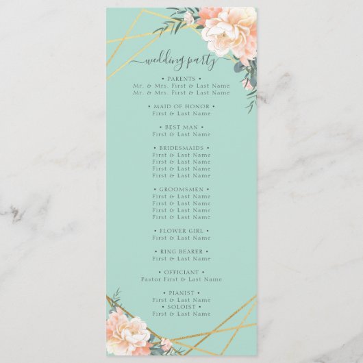Minze grüne Pfirsichcreme Gold Geometric Wedding Programm (Rückseite)