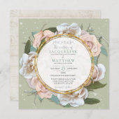 Minze grüne Rose Blütengold Moderner Kranz Einladung (Vorne/Hinten)