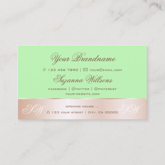 Minze grüne Rose Gold Decoder Blume mit Monogramm Visitenkarte (Rückseite)