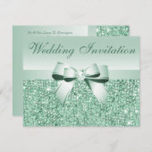 Minze-grüne Sequenzen, Bow & Diamond-Hochzeit Einladung (Vorne/Hinten)