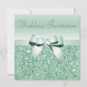 Minze grüne Sequenzen, Bow & Diamond Wedding Einladung