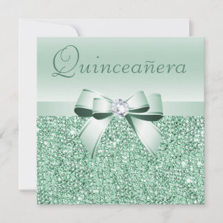 Minze grüne Sequins, Bow & Diamond Quinceanera Einladung