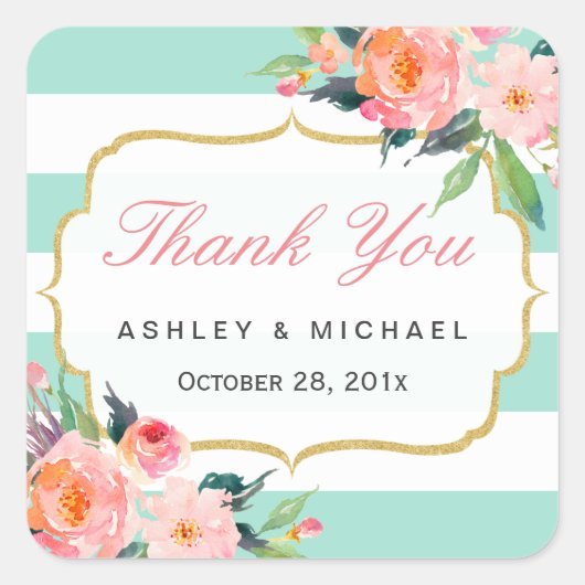 Minze grüne Streifen Aquarell Floral Vielen Dank Quadratischer Aufkleber (Vorderseite)