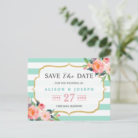 Minze grüne Streifen botanisches Blumenmuster Save Ankündigungspostkarte (Stehend Vorderseite)