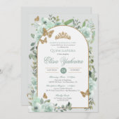 Minze Grüne Wasserfarbe Golden Butterfly Quinceane Einladung (Vorne/Hinten)