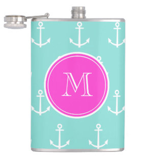 Minze grüne, weiße Anker, Hot-Pink-Monogramm Flachmann