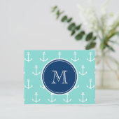 Minze grüne, weiße Anker, Navy Blue Monogram Postkarte (Stehend Vorderseite)