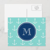 Minze grüne, weiße Anker, Navy Blue Monogram Postkarte (Vorne/Hinten)
