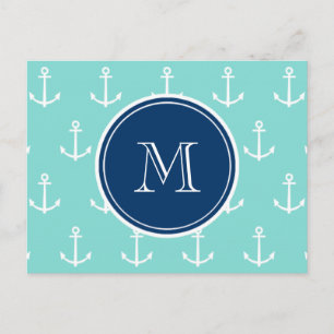 Minze grüne, weiße Anker, Navy Blue Monogram Postkarte