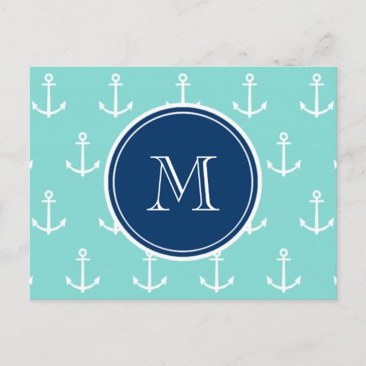 Minze grüne, weiße Anker, Navy Blue Monogram Postkarte (Vorderseite)