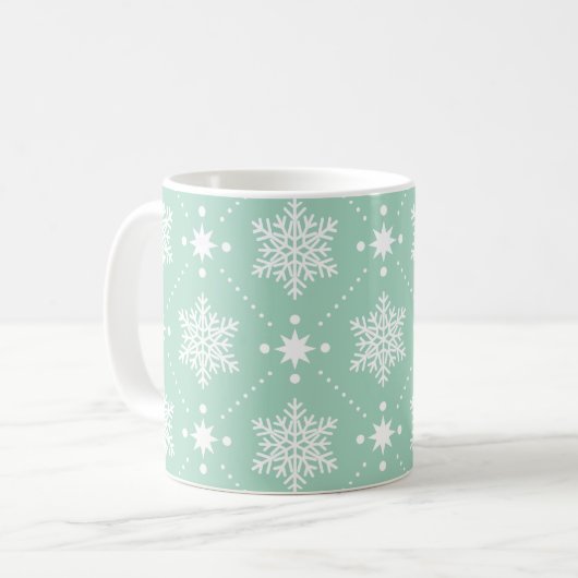 Minze grüne weiße Schneeflocken Weihnachtsmuster Kaffeetasse (Vorderseite Links)
