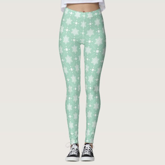 Minze grüne weiße Schneeflocken Weihnachtsmuster Leggings (Vorderseite)
