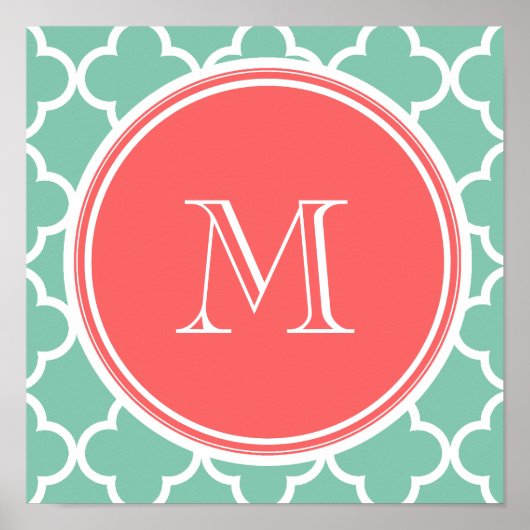 Minze, grünes Quatrefolienmuster, Korallenmonogram Poster (Vorne)