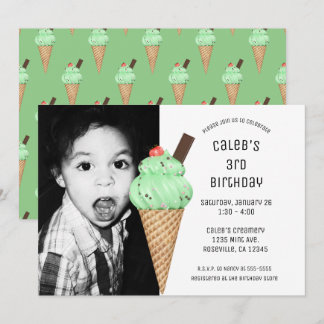 Minze Ice Cream Cone Party Custom Birthday Foto Einladung