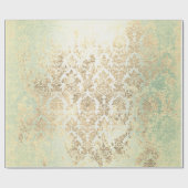 Minze Imitate Gold Floral Hütte Grungy Damask Geschenkpapier (Flach)