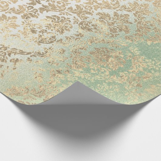Minze Imitate Gold Floral Hütte Grungy Damask Geschenkpapier (Ecke)