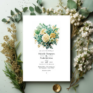 Minze, Jägergrün und Gold Floral Sommerhochzeit Einladung