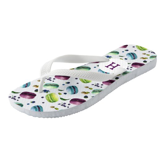 Minze & Lila Macaroons & Berries Muster Badesandalen (Schrägansicht)