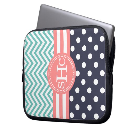 Minze, Marine u. korallenrote Zickzack Laptopschutzhülle (Vorderseite Links)