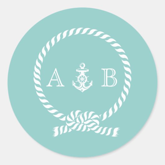 Minze Nautical Rope und Anchor Monogram Runder Aufkleber (Vorderseite)