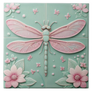 Minze & Pink Dragonfly und Blume Girl Floral Fliese