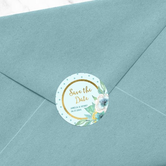 Minze Polka Dot Imitate Gold Floral Save the Date Runder Aufkleber