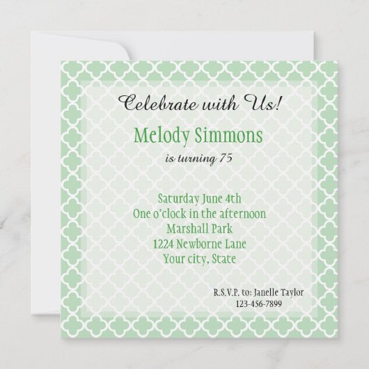 Minze Quatrefoil Geburtstag Einladung (Rückseite)