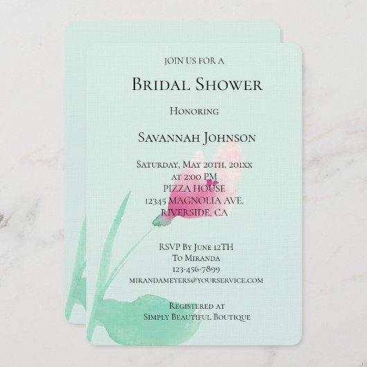 Minze rosa Blume Brautparty Einladung (Vorne/Hinten)