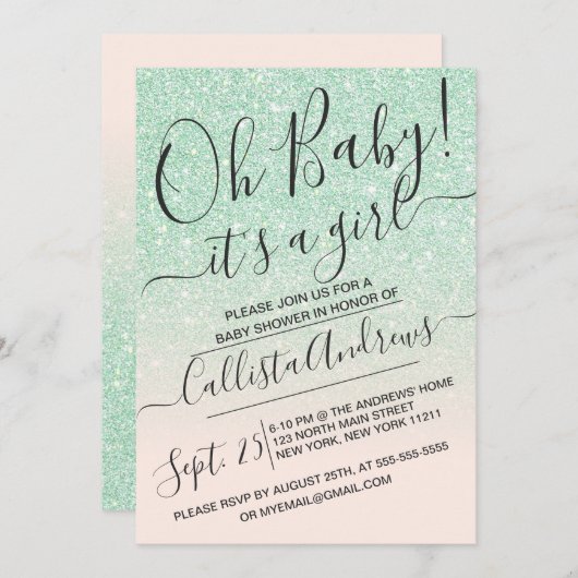 Minze rosa Imitate Funkelnd Glitzer Ombre Kinderdu Einladung (Vorne/Hinten)