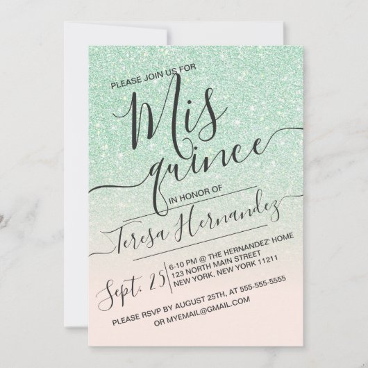 Minze rosa Imitate Funkelnd Glitzer Ombre Quinceañ Einladung (Vorderseite)