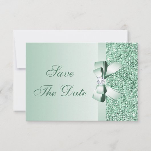 Minze Sequins, Bow & Diamond Save the Date Hochzei (Vorderseite)