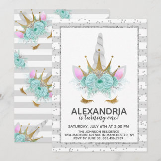 Minze, Silver & Gold Einhornprinzessin Geburtstag Einladung