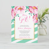 Minze Stripes rosa Aquarell-BlumenBabyparty Einladung (Stehend Vorderseite)