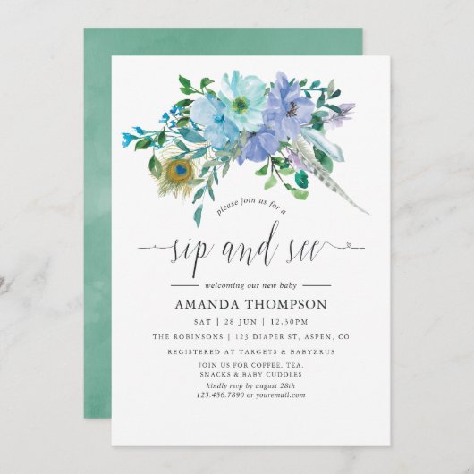 Minze und blaue Wasserfarbe Boho Sip und See Einladung (Vorne/Hinten)