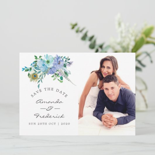 Minze und Blue Boho BlumenWedding retten das Datum Save The Date (Stehend Vorderseite)