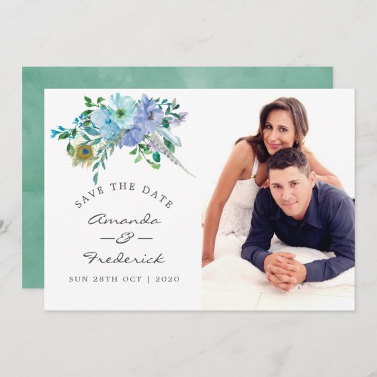 Minze und Blue Boho BlumenWedding retten das Datum Save The Date (Vorne/Hinten)