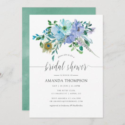 Minze und Blue Watercolor Boho Brautparty Einladung (Vorne/Hinten)