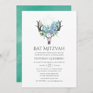 Minze und Blue Watercolor Boho Floral Bat Mitzvah Einladung