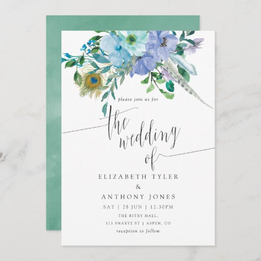 Minze und Blue Watercolor Boho Floral Wedding Einladung (Vorne/Hinten)