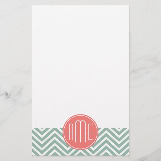Minze und Coral Chevrons Custom Monogram Briefpapier (Vorderseite)