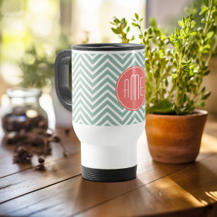 Minze und Coral Chevrons Custom Monogram Reisebecher